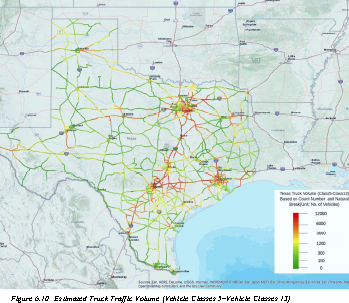 Texas map image Figure 1 from project report 1 showing predicted volumes of truck traffic around the state